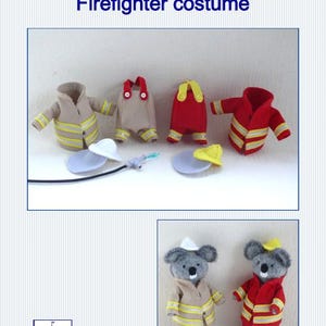 In this picture: the first page of a PDf hand sewing pattern from WoolFeltwonders by Tintangel, to make a set of firefigther costumes for toy animals from felt. The sets contains trousers, jackets, helmet and waterhose. These costumes and accessoiries  are part of a series with felt toy animals and all kinds of clothing sets to mix and match to portray hobby or profession. Easy to make animals and clothing sets for decoration and play.