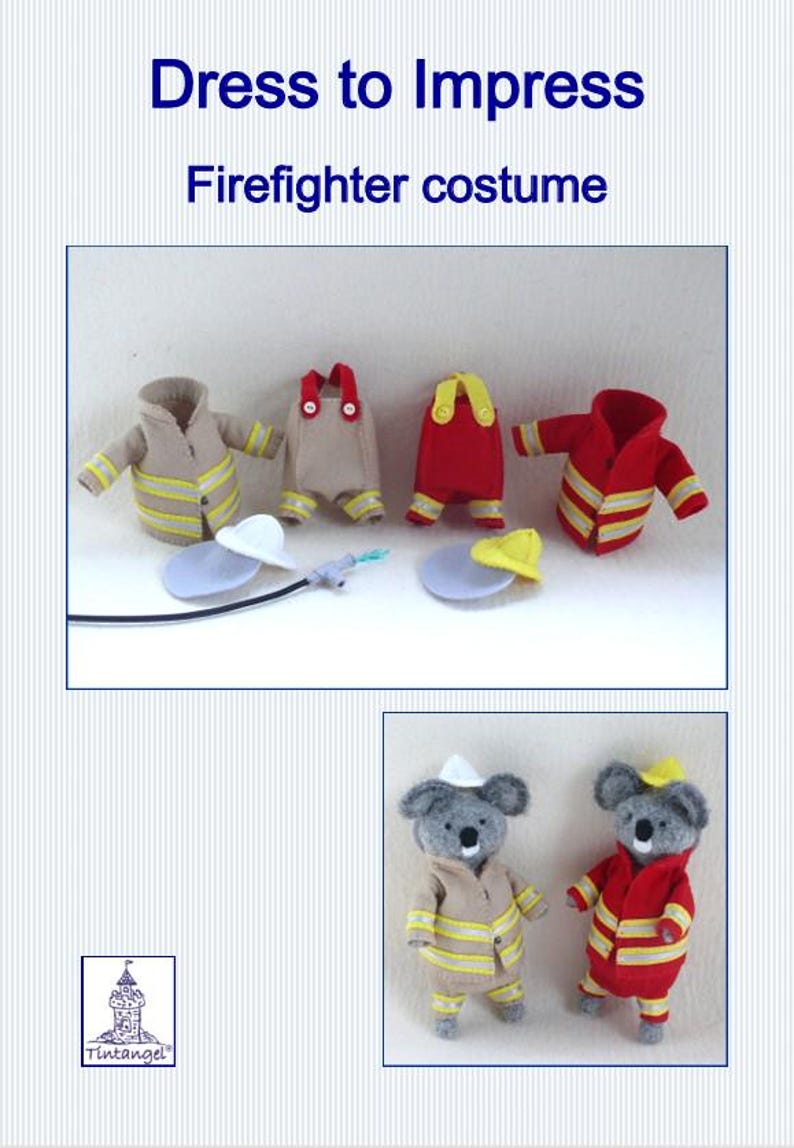 In this picture: the first page of a PDf hand sewing pattern from WoolFeltwonders by Tintangel, to make a set of firefigther costumes for toy animals from felt. The sets contains trousers, jackets, helmet and waterhose. These costumes and accessoiries  are part of a series with felt toy animals and all kinds of clothing sets to mix and match to portray hobby or profession. Easy to make animals and clothing sets for decoration and play.