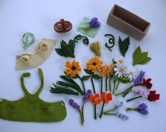 Molde para costurar roupas de senhora do jardim em feltro - vestir animais de brinquedo - projeto de artesanato em feltro - download em PDF