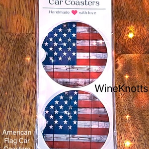 Amerikanische Flagge Holzeffekt Auto Untersetzer | Amerika | Geschenk für Freund | Patriotic Auto-Untersetzer-Set aus Keramik, 6,5 cm Durchmesser