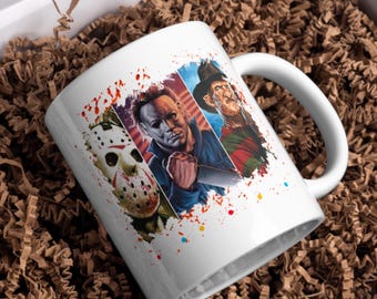 Taza de terror de Jason, Freddy y Michael / Taza de café de 433 ml / Regalo de película de terror / Taza de café de asesino