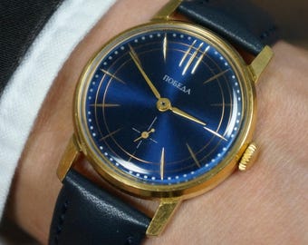 Vintage Pobeda Mens Watch, USSR Mechanical Wristwatch, 1980s