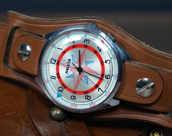 Vintage Raketa Men's Watch: USSR Mechanical Watch, Leather Band