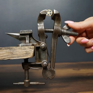 May include: A heavy-duty cast iron bench vise with an integrated anvil horn, securely clamped to a wooden board. The vise features a threaded screw mechanism with a wing-style handle, currently holding a small, circular, gold-toned gear component.