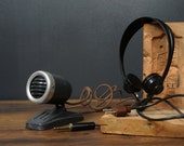 Microphone, headphones vintage, retro microphone, vintage microphone, grey, vintage audio, microphone USSR, Soviet microphone, headphones