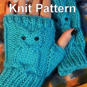 Owl Fingerless Mitts Gloves knit pattern