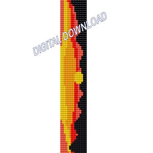 May include: A beaded bracelet with a flame design in shades of red, orange, and yellow. The background is black.