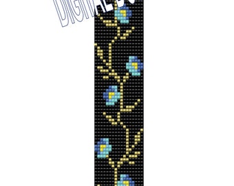 Gold Vines with blue flowers seed bead loom pattern cuff style bracelet