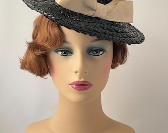 Ladies vintage hat, 1940s hat, 1940s vintage hat, 1940s tilt hat, 1940s black hat, 1940s straw hat, 1940s clothing, Goodwood revival, 1940s
