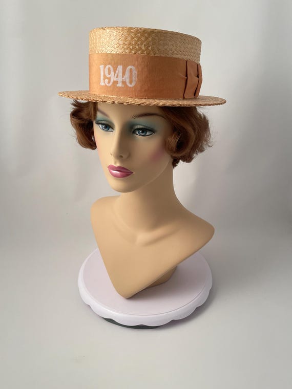 Vintage boater hat, 1940s boater hat, Straw boate… - image 1