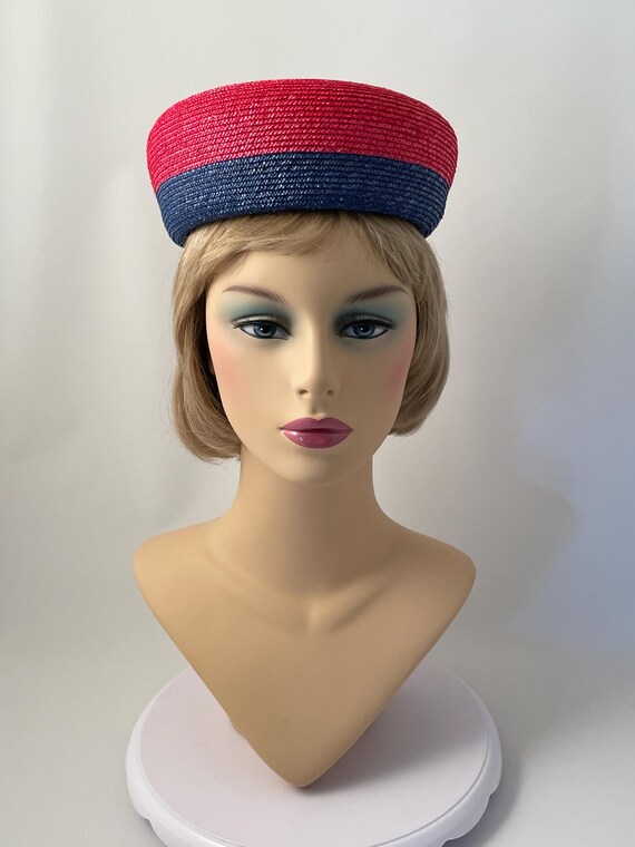 Ladies vintage hat, 1980s hat, 1980s straw hat, Red and blue hat, Lady Diana hat, 1980s hat, Made in Italy hat, Italian straw hat