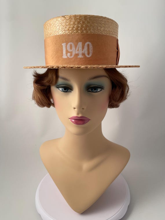 Vintage boater hat, 1940s boater hat, Straw boate… - image 2