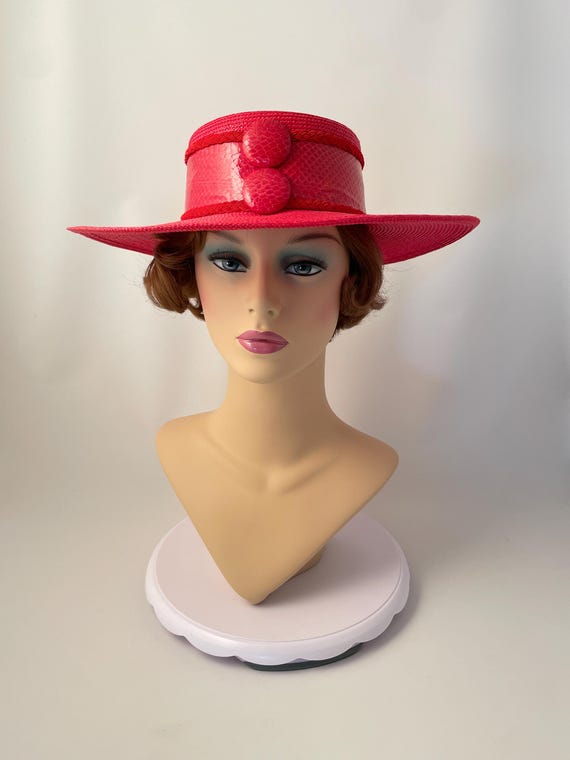 Ladies 1980s hat, ladies 1990s hat, 1980s red hat, 1980s straw hat, 4th of July hat, Pretty Woman hat, Wedding hat, Whittall and Shon