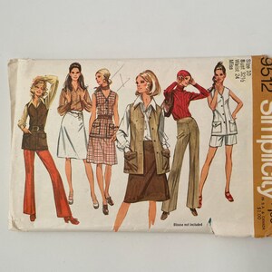 May include: A Simplicity sewing pattern envelope, number 9512, size 10, featuring illustrations of five different outfits including vests, skirts, and trousers. The text includes 'Size 10', 'Bust 32 1/2', 'Waist 24', 'Miss', and 'Blouse not included'.