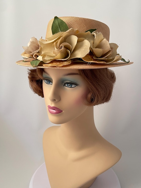 Ladies vintage hat, 1950s hat, 1950s straw hat, 1950s summer hat, 1950s floral hat