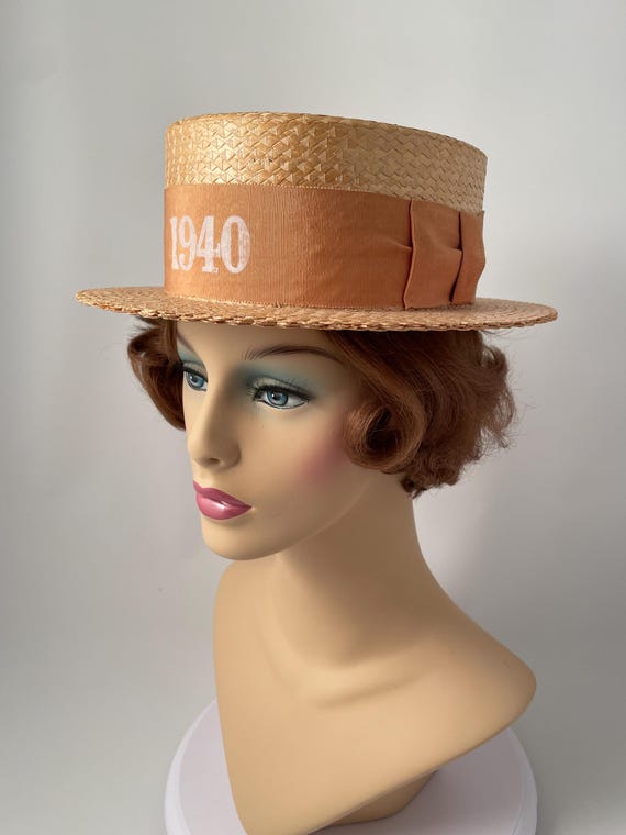 Vintage boater hat, 1940s boater hat, Straw boate… - image 10