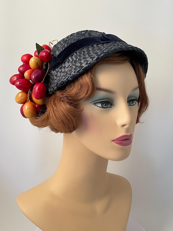 Ladies 1950s hat, 1950s fruit hat, 1950s navy blue hat, 1950s summer hat, 1950s straw hat, 1950s picnic hat, 1950s blue hat