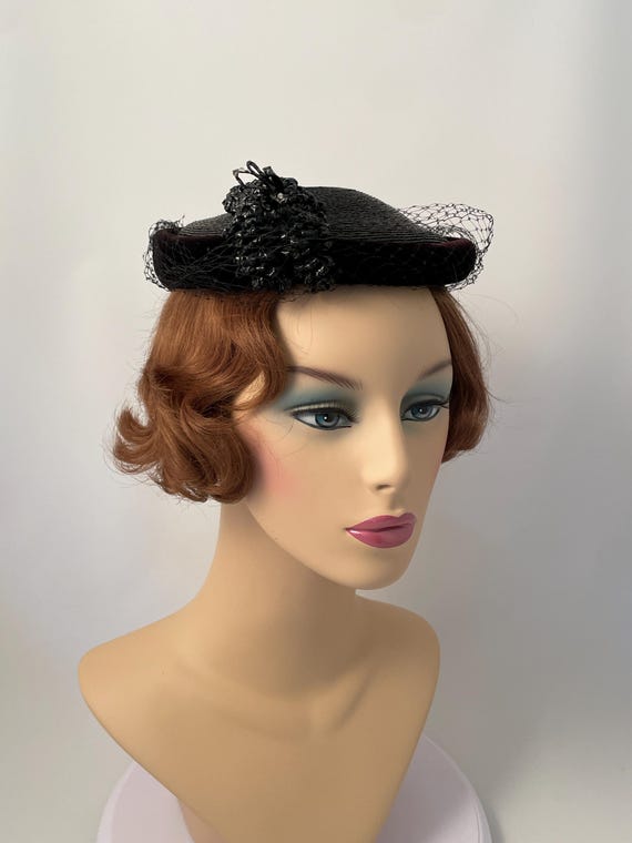 Ladies 1950s hat, 1950s black hat, Veil hat, 1950s clothing, Cocktail hat, Black cocktail hat, Retro hat, Mid-century hat