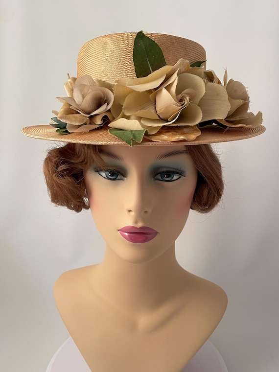 Ladies vintage hat, 1950s hat, 1950s straw hat, 1950s summer hat, 1950s floral hat View 2