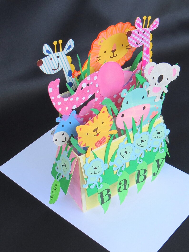 Baby Animal Box Card Welcome Baby Boy Or Girl Baby Shower Card Pop Up Box Card With Lion Tiger and Monkeys Hippo Giraffes Elephant