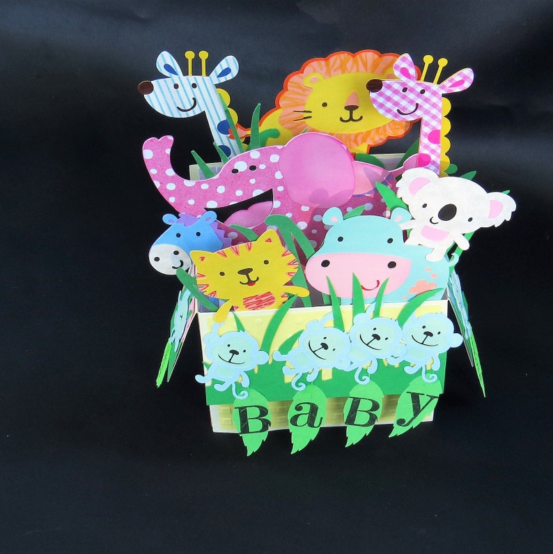 Baby Animal Box Card Welcome Baby Boy Or Girl Baby Shower Card Pop Up Box Card With Lion Tiger and Monkeys Hippo Giraffes Elephant