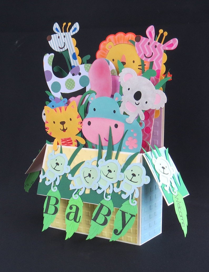 Baby Animal Box Card Welcome Baby Boy Or Girl Baby Shower Card Pop Up Box Card With Lion Tiger and Monkeys Hippo Giraffes Elephant