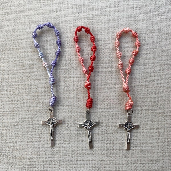 Handmade Knotted Decade Rosary with St Benedict crucifix- various pink and purple colors