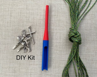 DIY Knotted Rosary Kit with Crucifix and updated Knotting tool (#36 twine- No Instructions)  greens, yellows and purple
