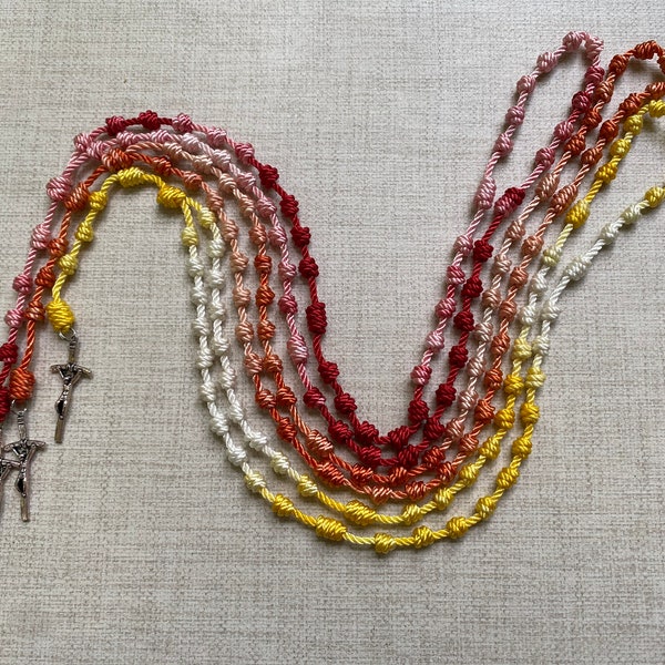 Handmade Knotted Rosary with Antique finish Papal Crucifix (#36 Twine) in Bright Colors (Yellow, Orange, and Pink)