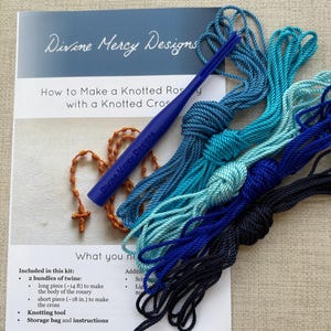 DIY Knotted Rosary Making Kit: Blues, Twine, Knotting Tool