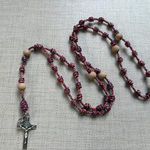 Handmade Knotted Rosary: St. Benedict Crucifix, Divine Mercy Colors