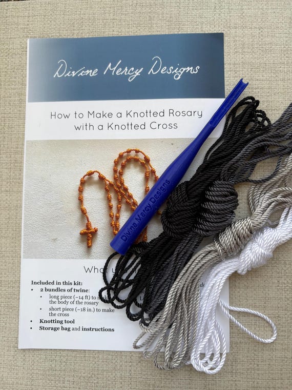 DIY Knot Rosary Kit: Black, Gray, White Twine (#24) with Knotting Tool