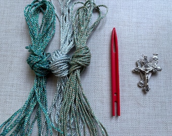 DIY Knotted Rosary Kit:  green and blues #36 Twine, Crucifix, Knotting Tool