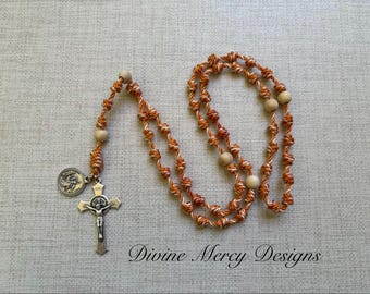 Handmade Knotted Rosary with decade beads and large St. Benedict Crucifix with St. Christopher Medal/ pater beads/ knot rosary