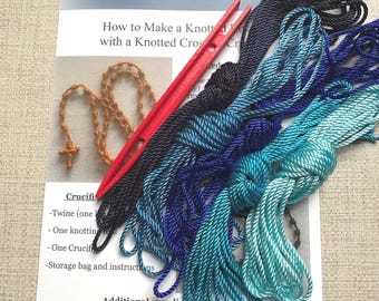 DIY Knotted Rosary Making Kit: Blues, #24 Twine, Knotting Tool, & Directions (optional crucifix)