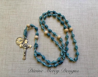Handmade Knotted Rosary with decade beads and large St. Benedict Crucifix with St. Peregrine Medal/ pater beads/ knot rosary