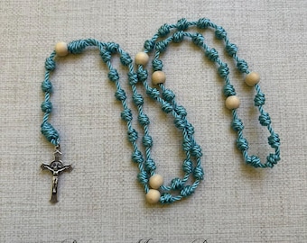 Handmade Knotted Cord Rosary: Large St. Benedict Crucifix, White Twine