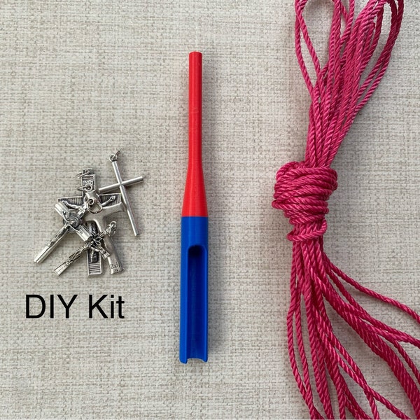 DIY Knotted Rosary Kit with Crucifix and updated Knotting tool (#36 twine- No Instructions)  Bright Pink