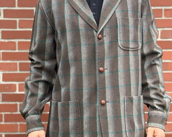 Vintage Pendleton Brown and Green Plaid Vintage Wool Blazer Field Shirt Men's Size Medium