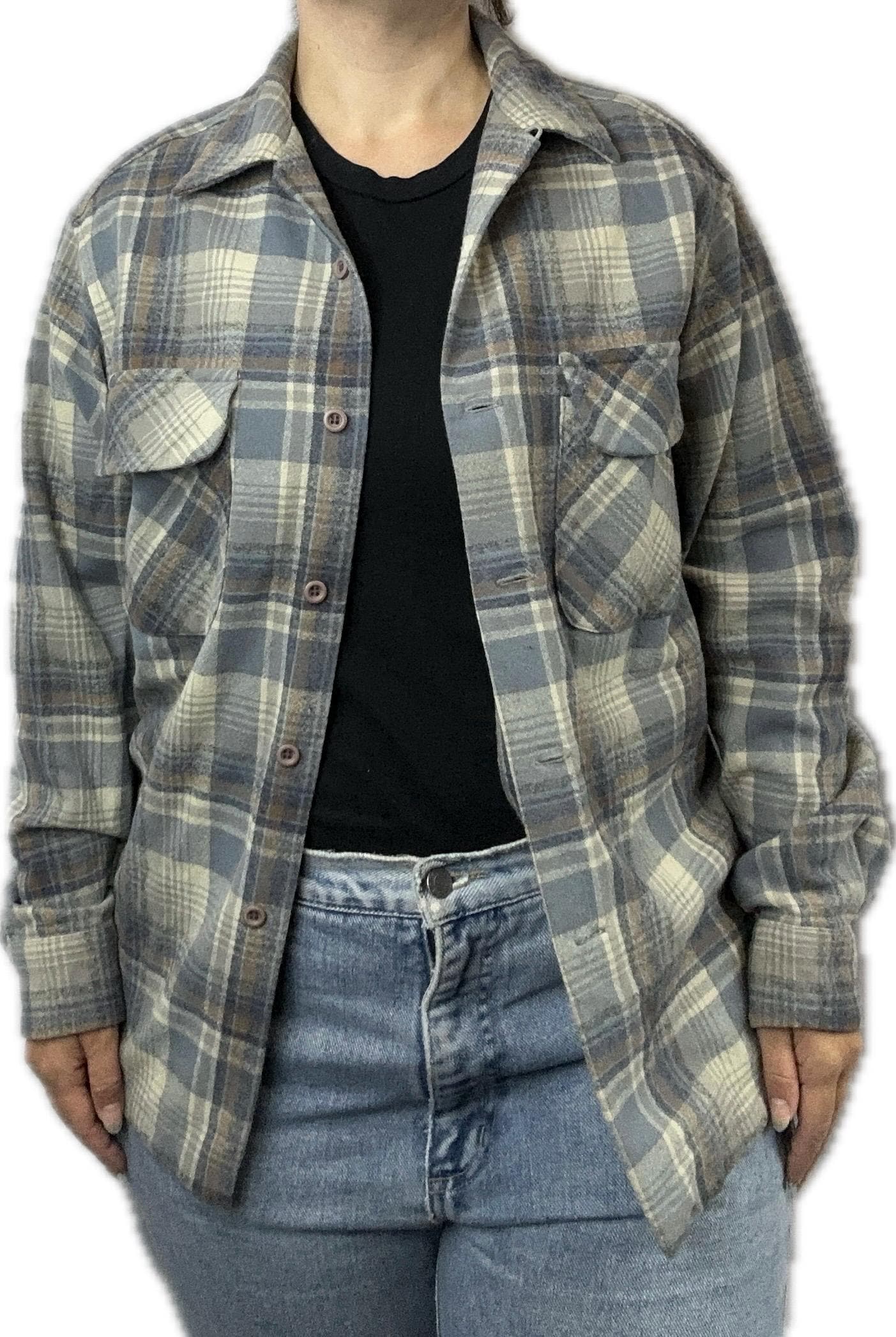 Chemise longue grands carreaux flanelle, vert mousse / écru
