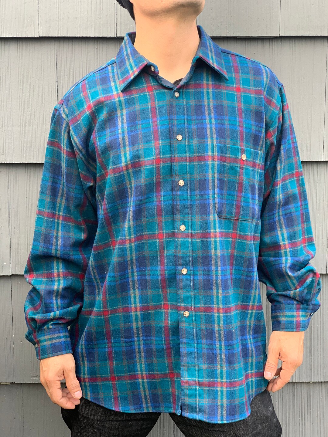 Pendleton Vintage Button up Men's Blue Green Wool Plaid Shirt Size