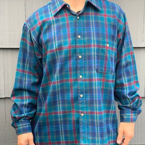 Pendleton Vintage herrskjorta med knappar, blågrön rutig ullskjorta, storlek L, med läderarmbågslappar