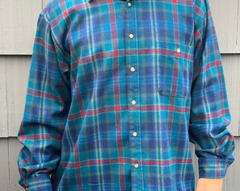 Pendleton Vintage Button Up Herren Blau Grün Wolle Kariertes Shirt Größe Groß mit Leder Ellbogen Patches