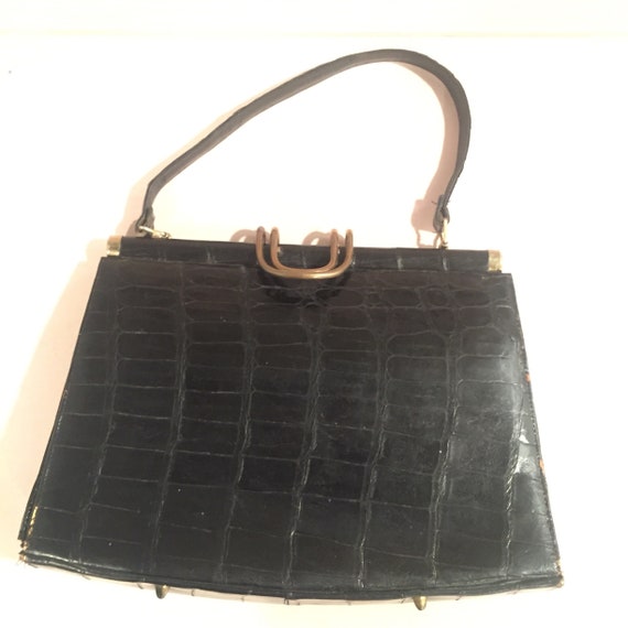 Vintage Black Leather Alligator  Pattern Purse Ha… - image 2