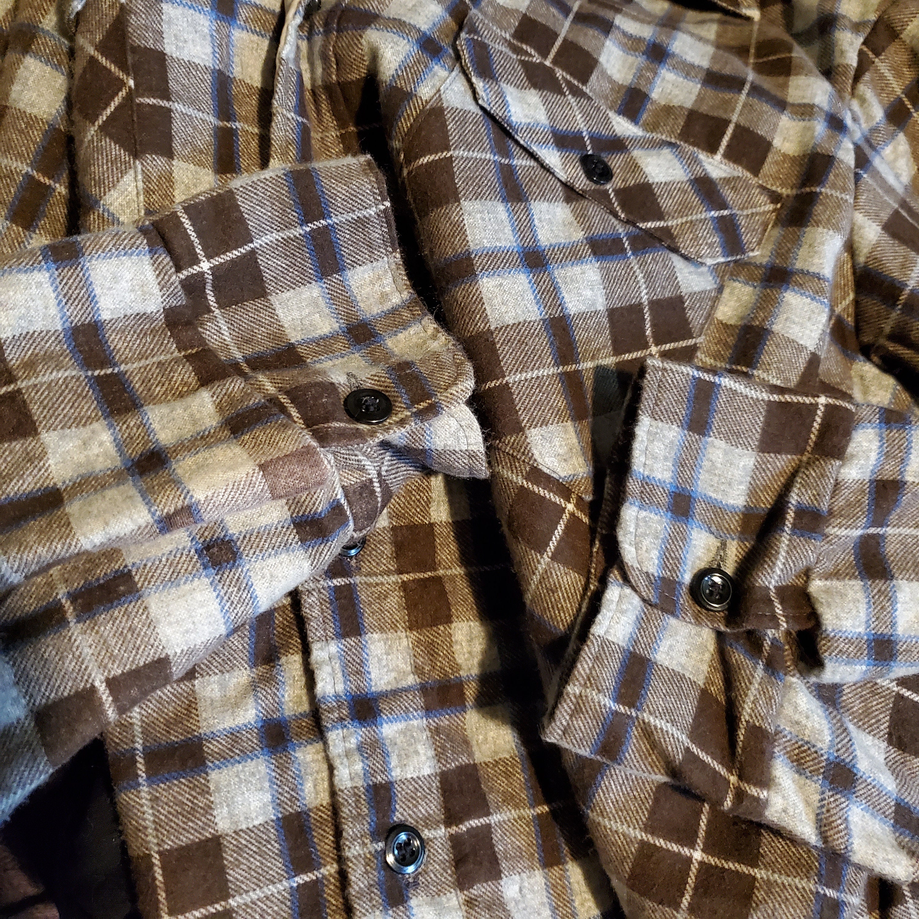 Vintage Sears Brown Tan Plaid Flannel Cotton Blend Button up