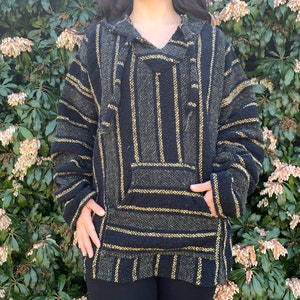 Vintage San Patricio Black Grey Yellow Hooded Striped Plaid Poncho Men&#39;s Large