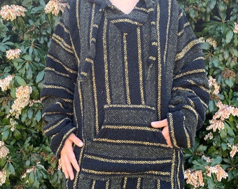 Vintage San Patricio Black Grey Yellow Hooded Striped Plaid Poncho Men's Large