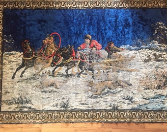 Men Horses Dogs Hunting Snow Sleigh Tapestry Rug With Fringe 72" x 48"