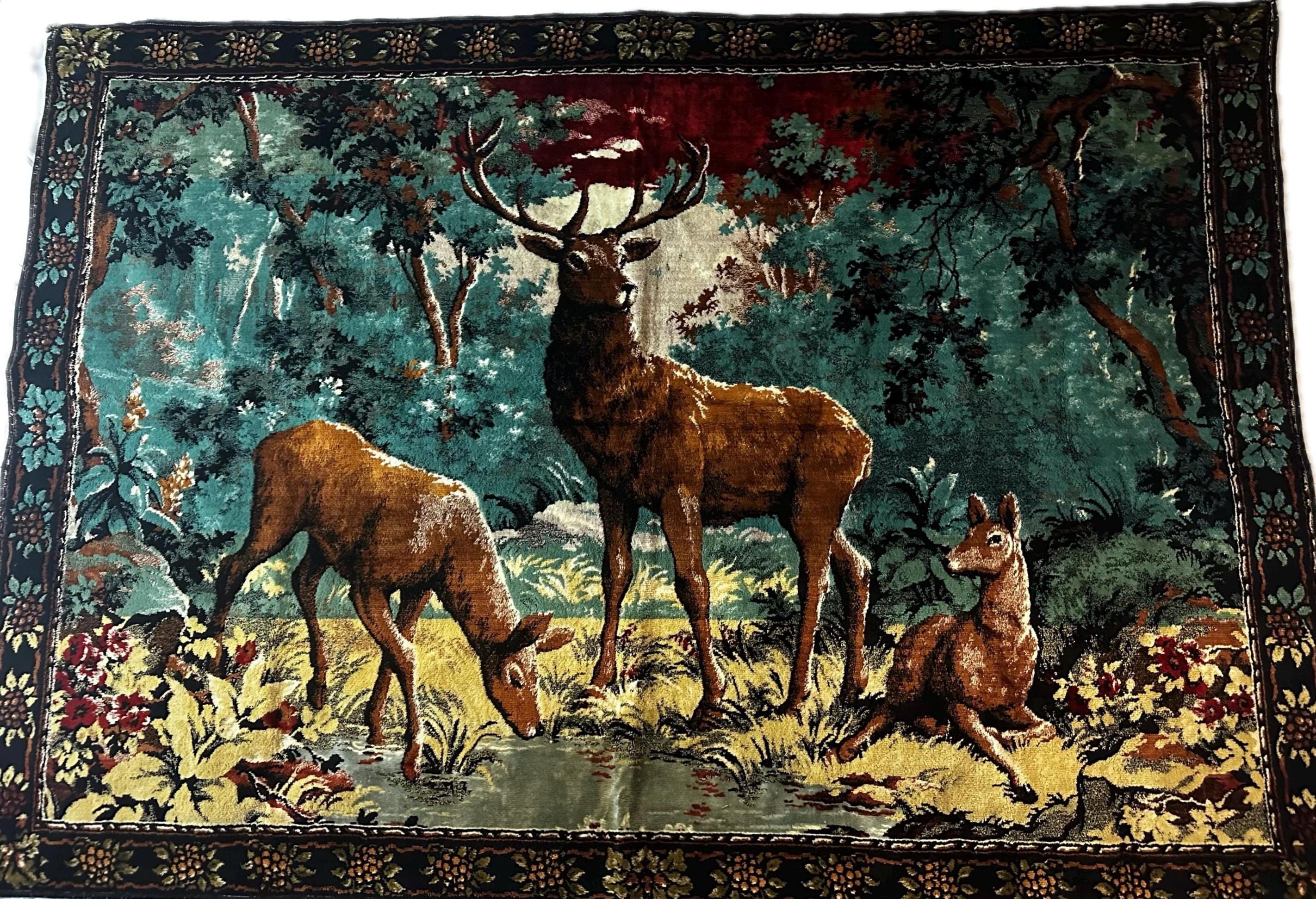 Vintage Deer Family Buck Doe Fawn Forest Tapestry Rug 66.5
