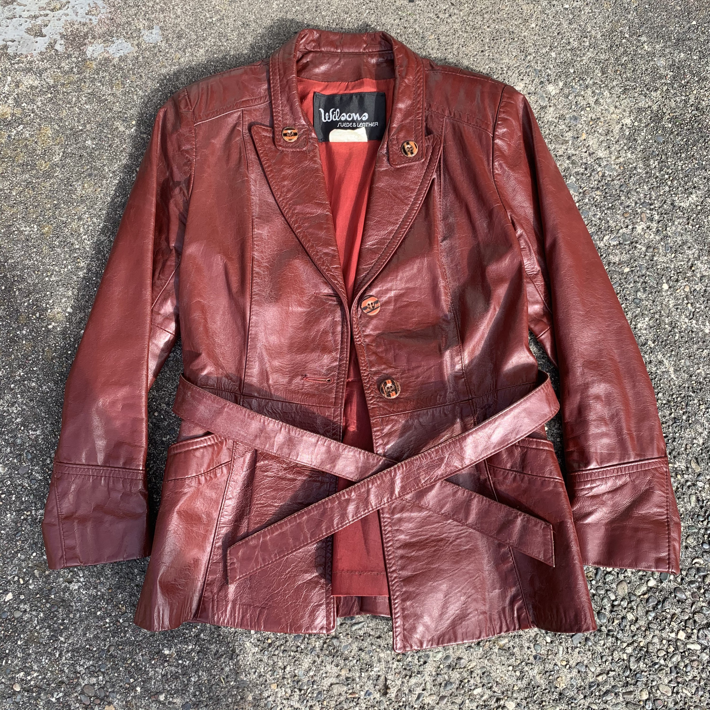 Wilsons Leather Vintage Red Burgundy Long Trench Coat Size Women s